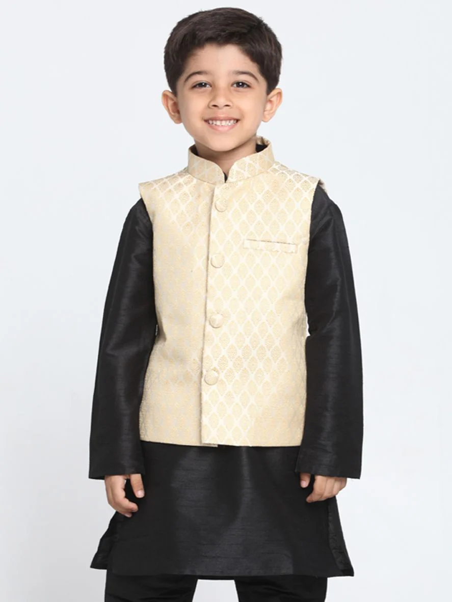Boys Beige Cotton Silk Blend Nehru Jacket - Image 6