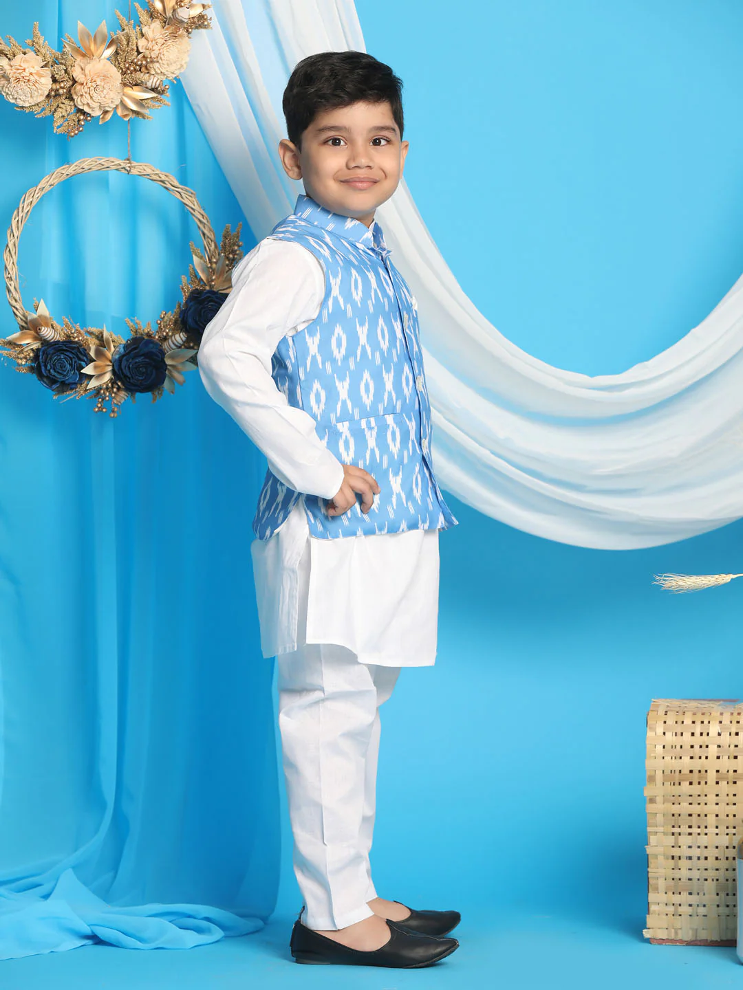 Boy's' Aqua Nehru Jacket With White Cotton Kurta Pyjama Set - Image 2