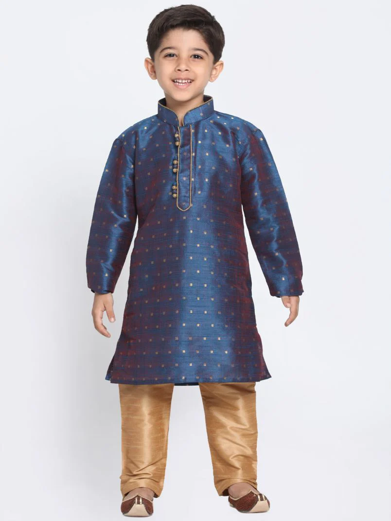 Boys' Dark Blue Cotton Silk Blend Kurta and Pyjama Set - Image 6