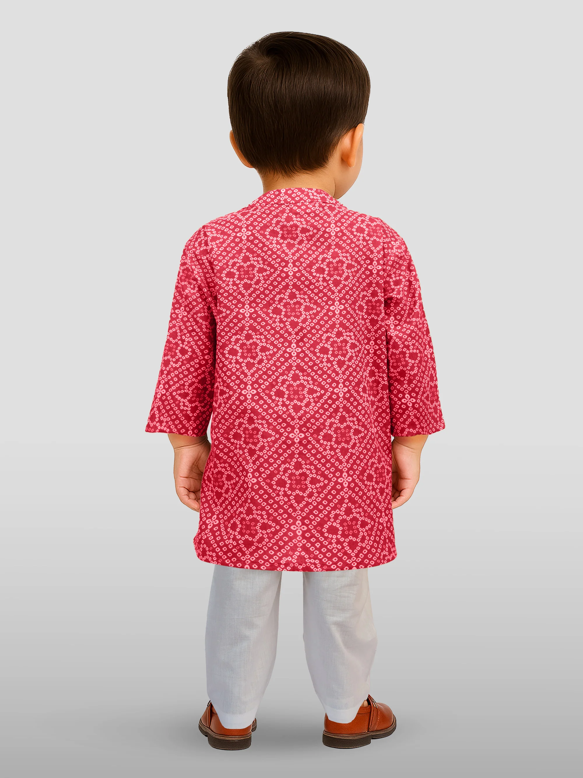 Boys Red Cotton Bandhani Kurta Pyjama Set with Digital Print - Image 5