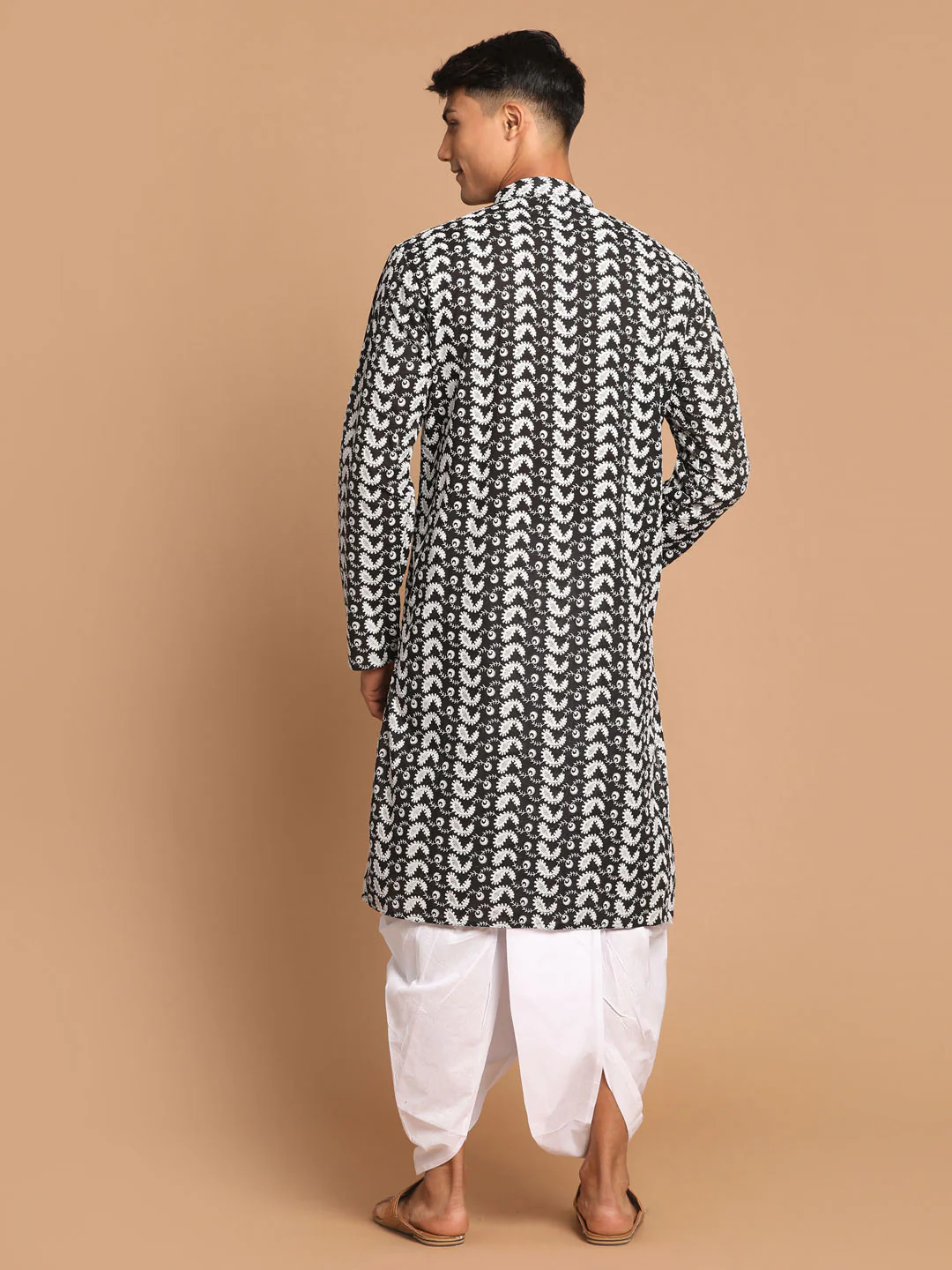 Men's Black Pure Cotton Chikankari Kurta With Dhoti Set - Image 3