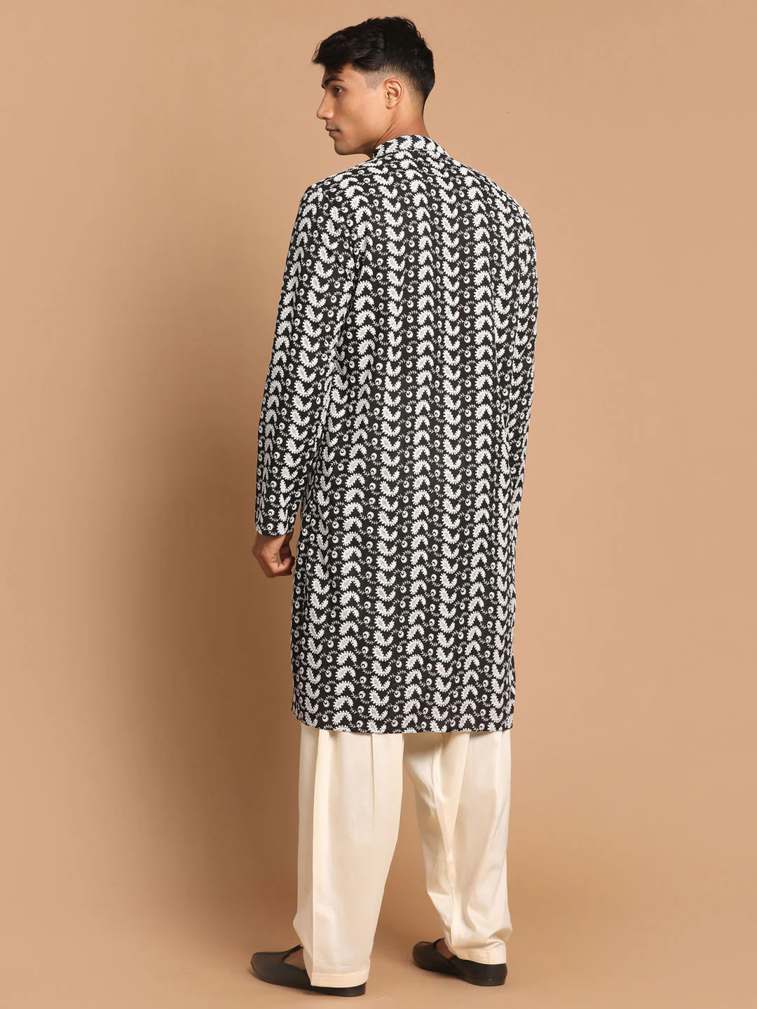 Men's Black Pure Cotton Chikankari Kurta With Patiala Set - Image 3