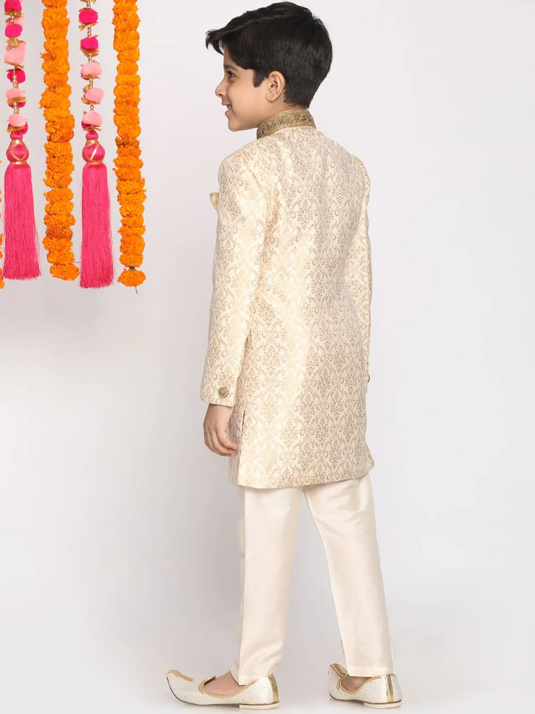 Boy's Beige & Cream-Coloured Slim-Fit Sherwani Set - Image 4
