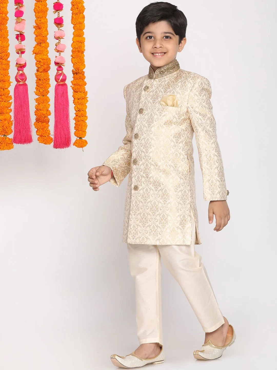 Boy's Beige & Cream-Coloured Slim-Fit Sherwani Set - Image 5