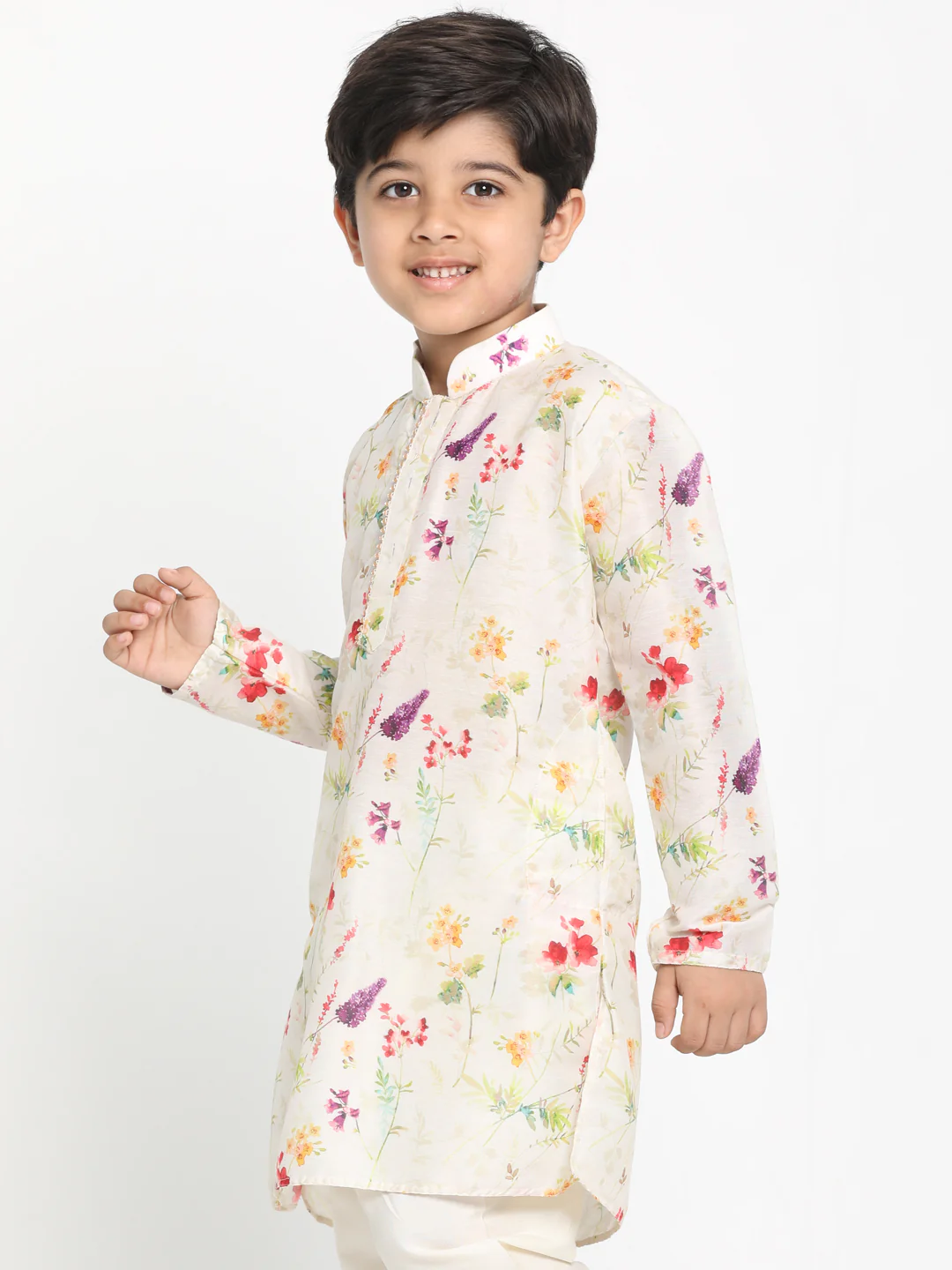 Boy's Multicolor-Base-Cream Cotton Blend Printed Kurta - Image 2