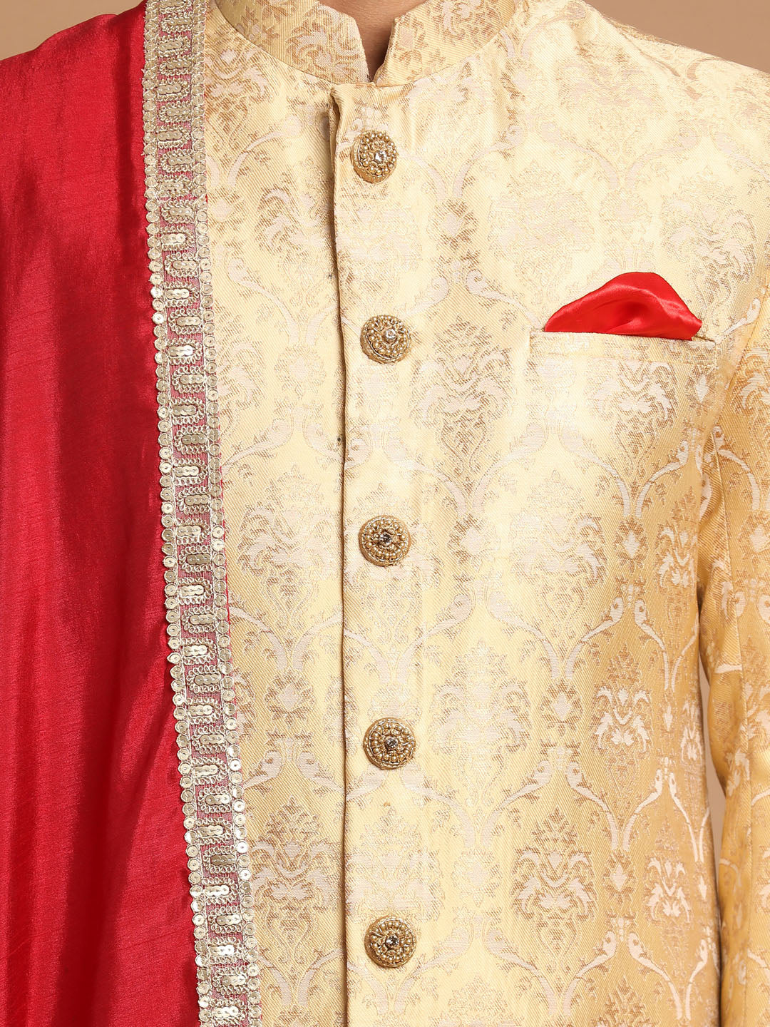 Men's Golden Brocade Slim Fit Sherwani Set With Maroon Dupatta - Image 5