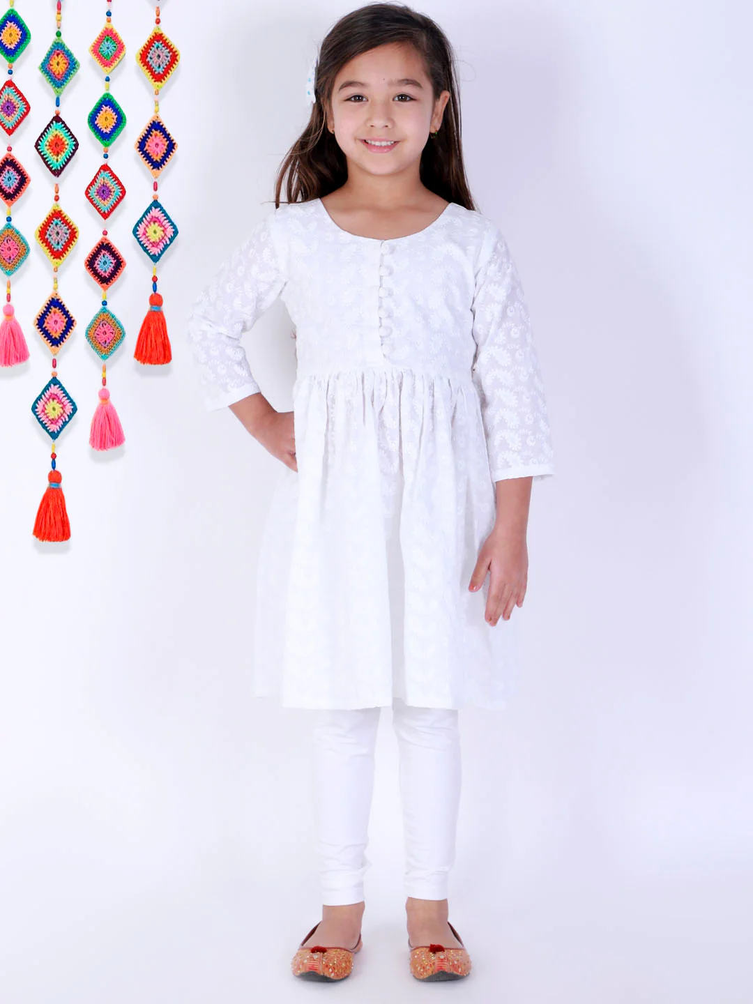Girl's White Pure Cotton Chikankari Kurta With Leggings - Image 7