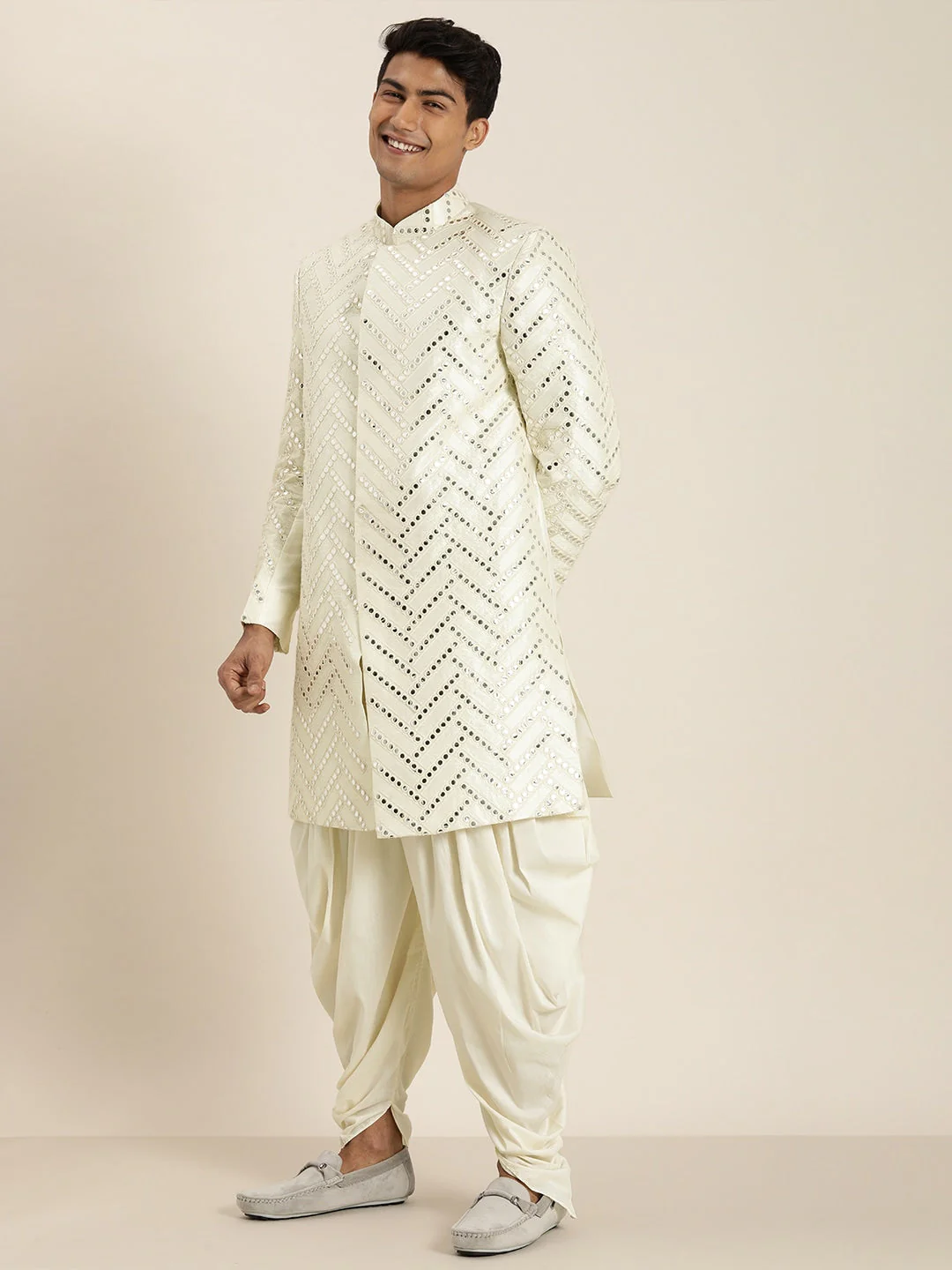 Men's Cream Indo Western Sherwani With Dhoti Set - Image 2