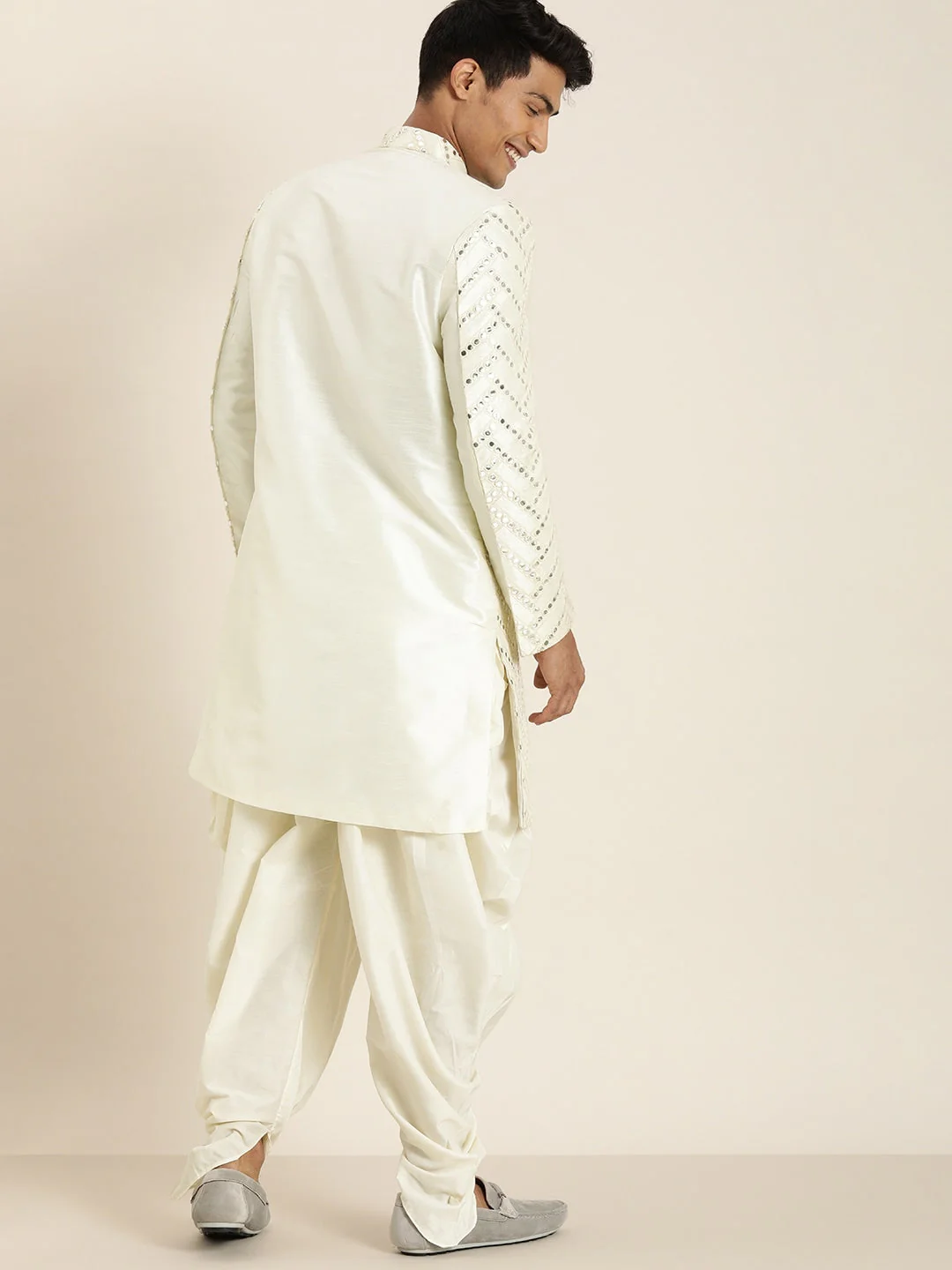 Men's Cream Indo Western Sherwani With Dhoti Set - Image 3