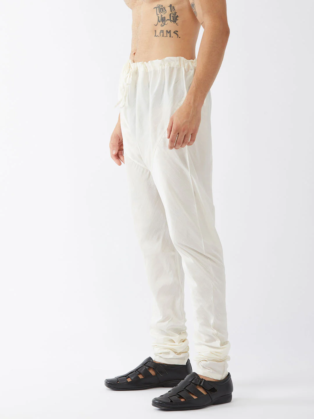 VASTRAMAY Men's Cream Solid Relax Fit Churidar - Image 2