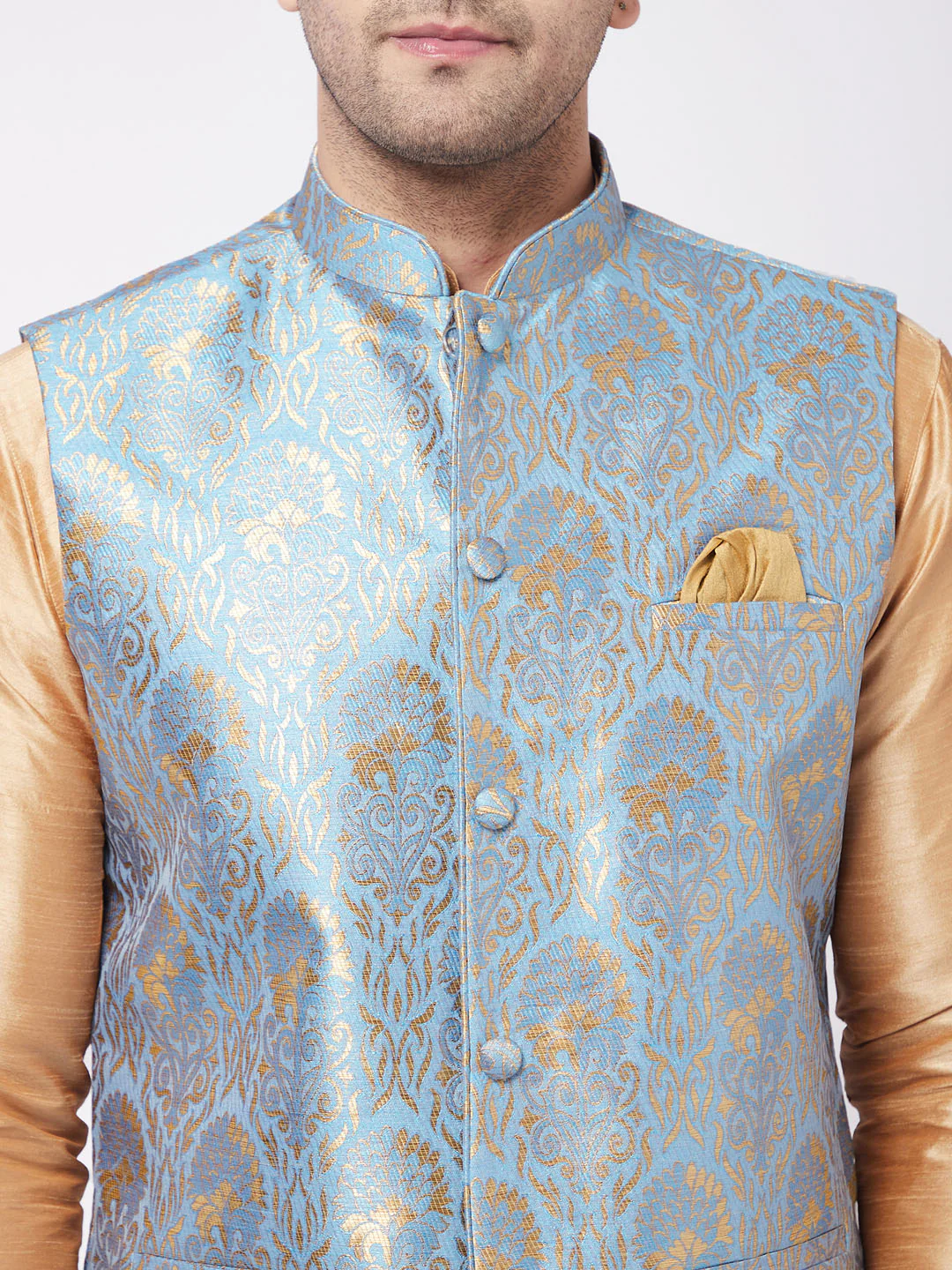 Men's Grey Jacquard Nehru Jacket - Image 4