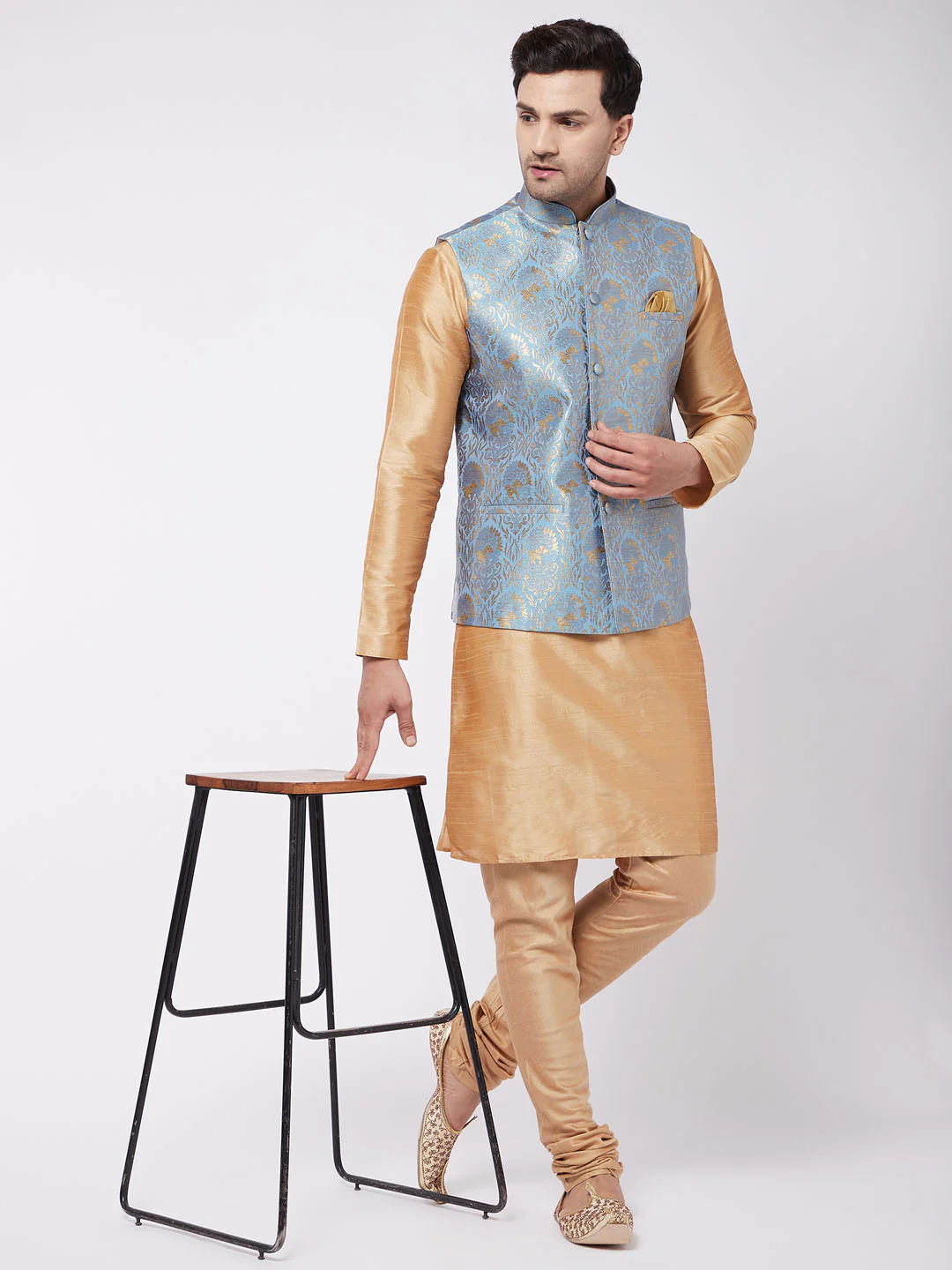 Men's Grey Jacquard Nehru Jacket - Image 5