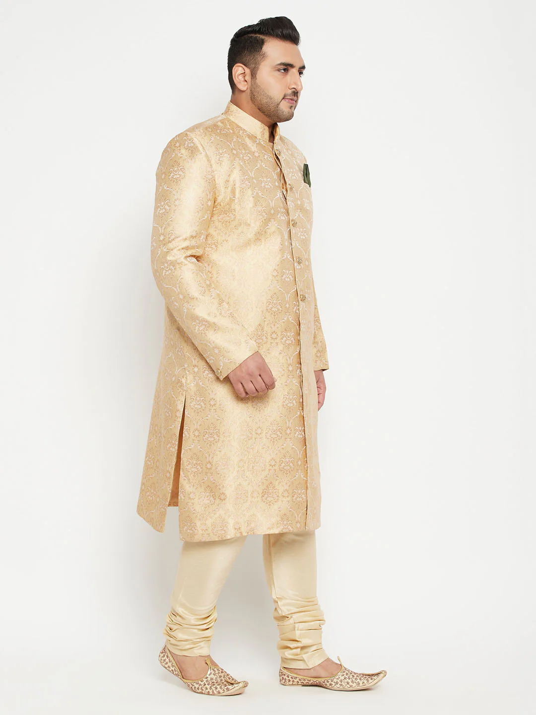 Men's Plus Size Golden Brocade Sherwani Set - Image 2