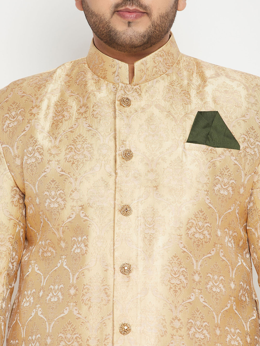 Men's Plus Size Golden Brocade Sherwani Set - Image 4