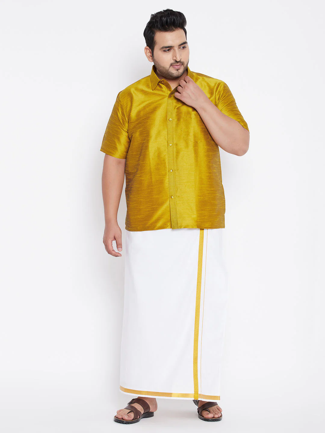Men's Plus Size Mustard Silk Blend Ethnic Shirt - Image 5