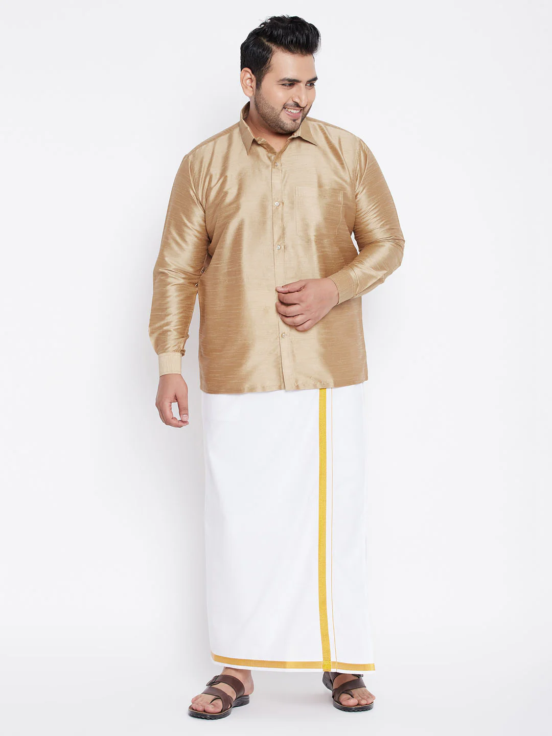 Men's Plus Size Rose Gold Silk Blend Ethnic Shirt - Image 5