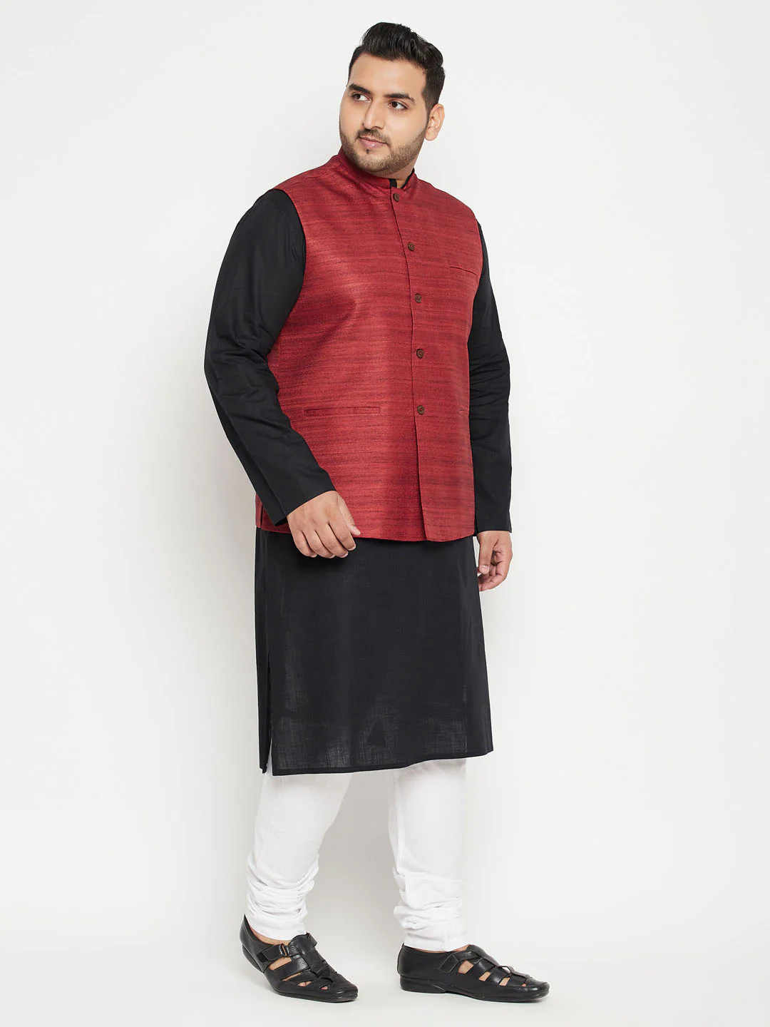 Men's Plus Size Black, Maroon Cotton Blend Jacket Kurta Pyjama Set - Image 2