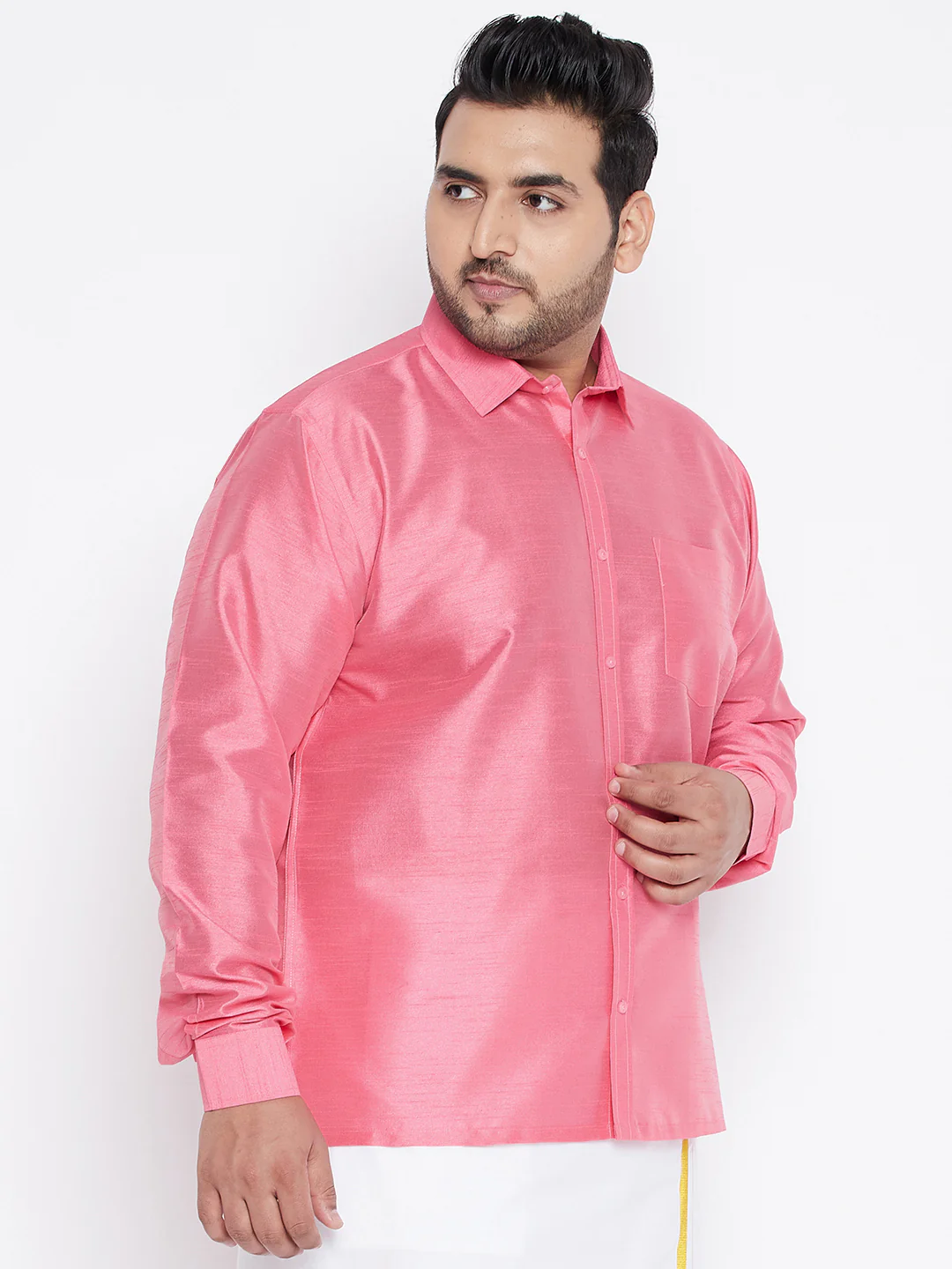 Men's Plus Size Pink Silk Blend Ethnic Shirt - Image 2