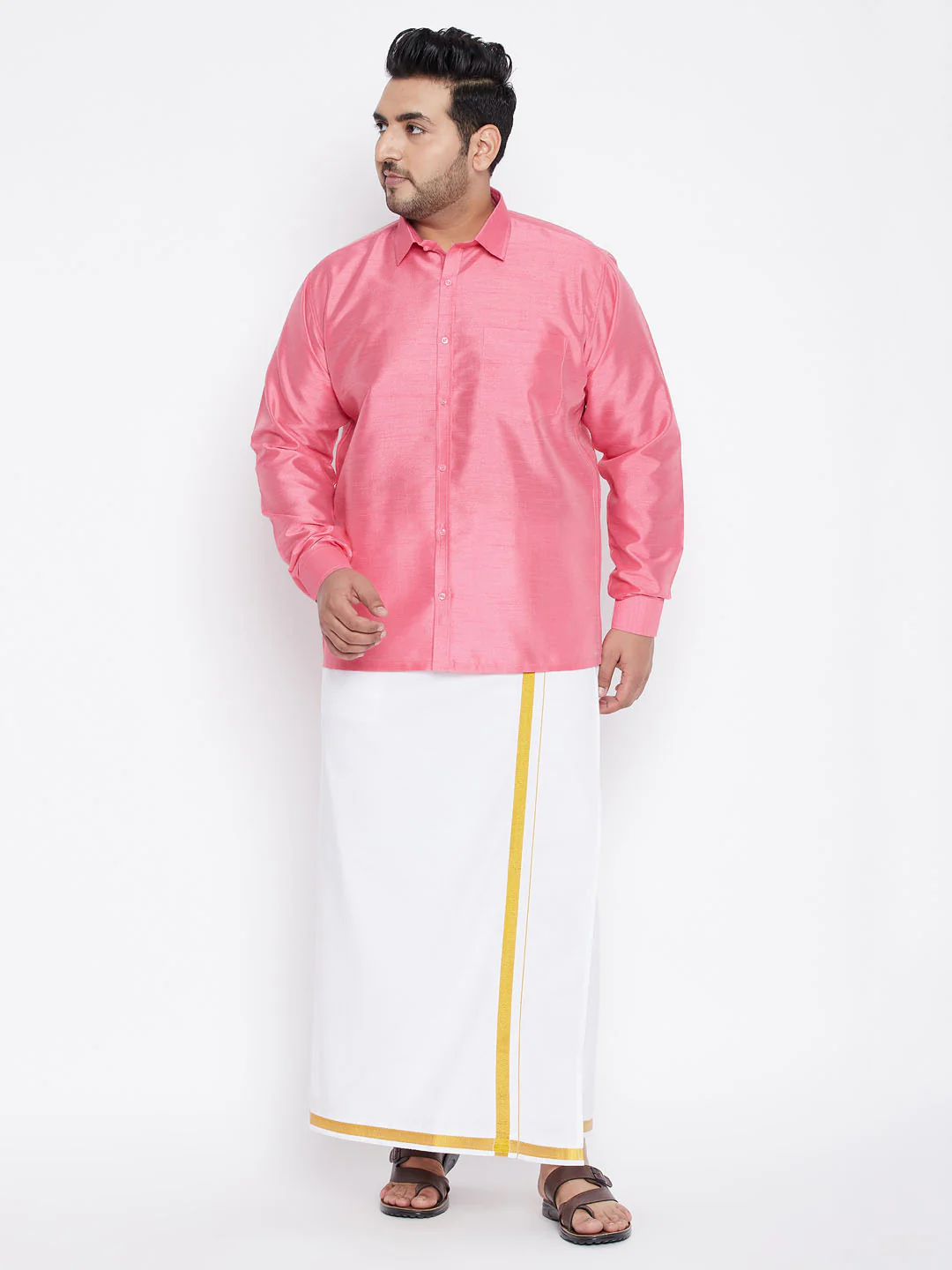 Men's Plus Size Pink Silk Blend Ethnic Shirt - Image 5
