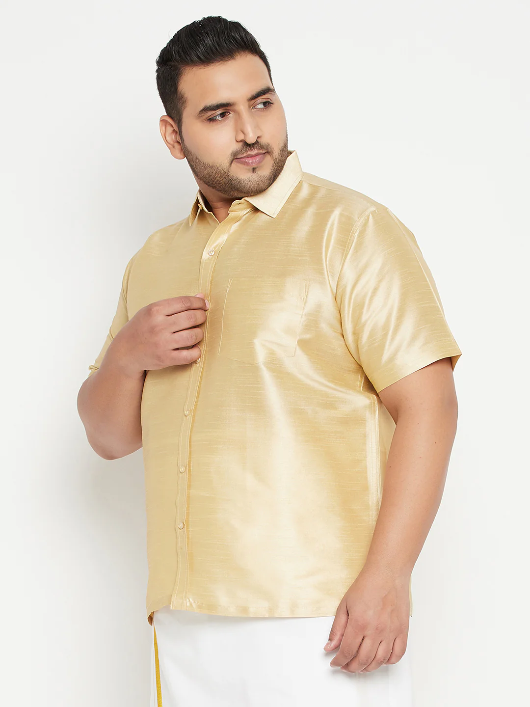 Men's Plus Size Gold Silk Blend Ethnic Shirt - Image 2