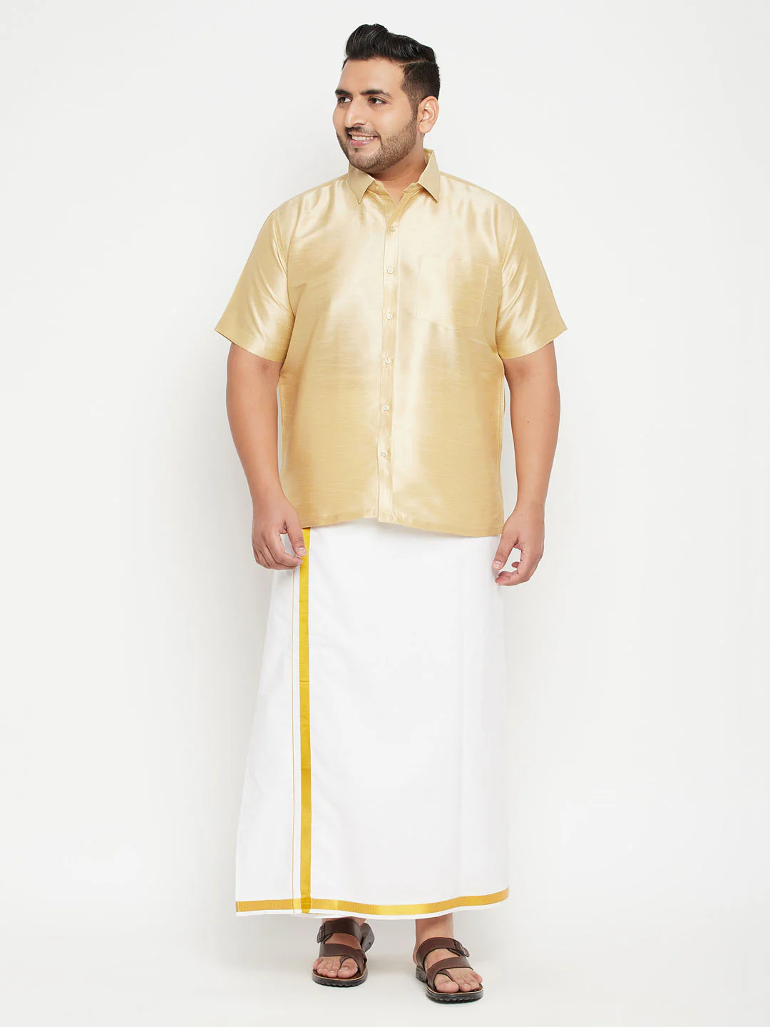 Men's Plus Size Gold Silk Blend Ethnic Shirt - Image 5