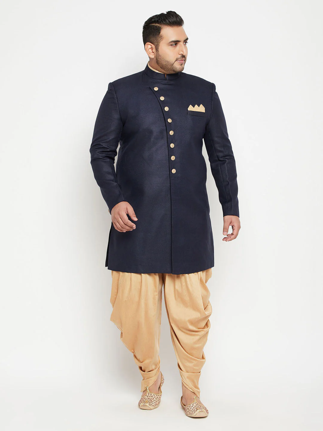 Men's Plus Size Navy Blue Slim Fit Sherwani Set - Image 6