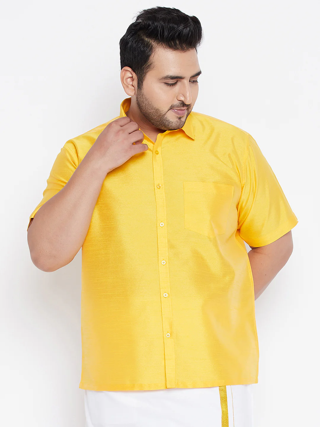 Men's Plus Size Yellow Silk Blend Ethnic Shirt