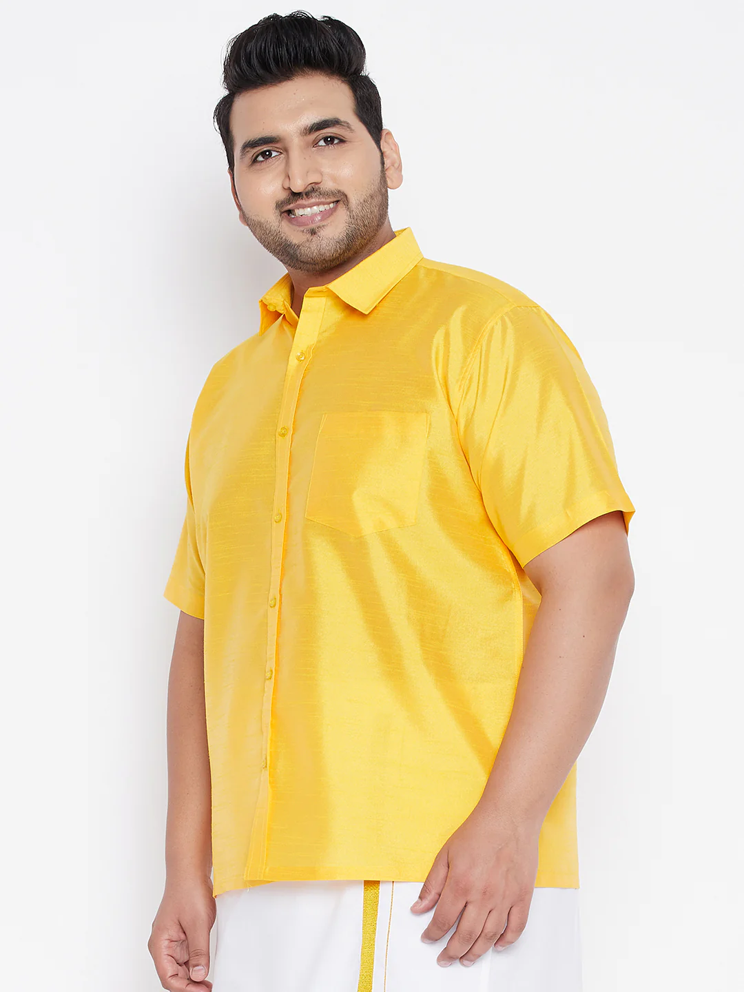 Men's Plus Size Yellow Silk Blend Ethnic Shirt - Image 2
