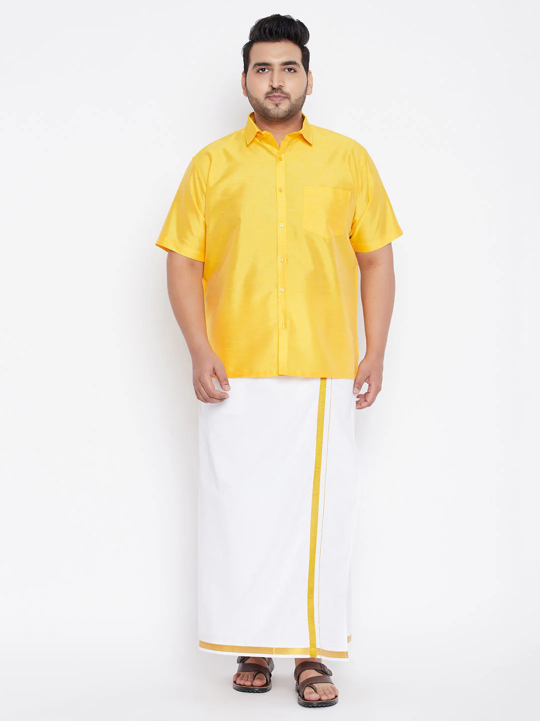 Men's Plus Size Yellow Silk Blend Ethnic Shirt - Image 5