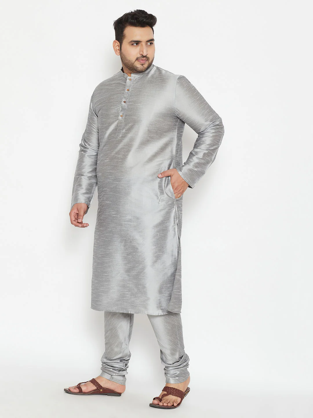 Men's Plus Size Grey Silk Blend Kurta Pyjama Set - Image 2