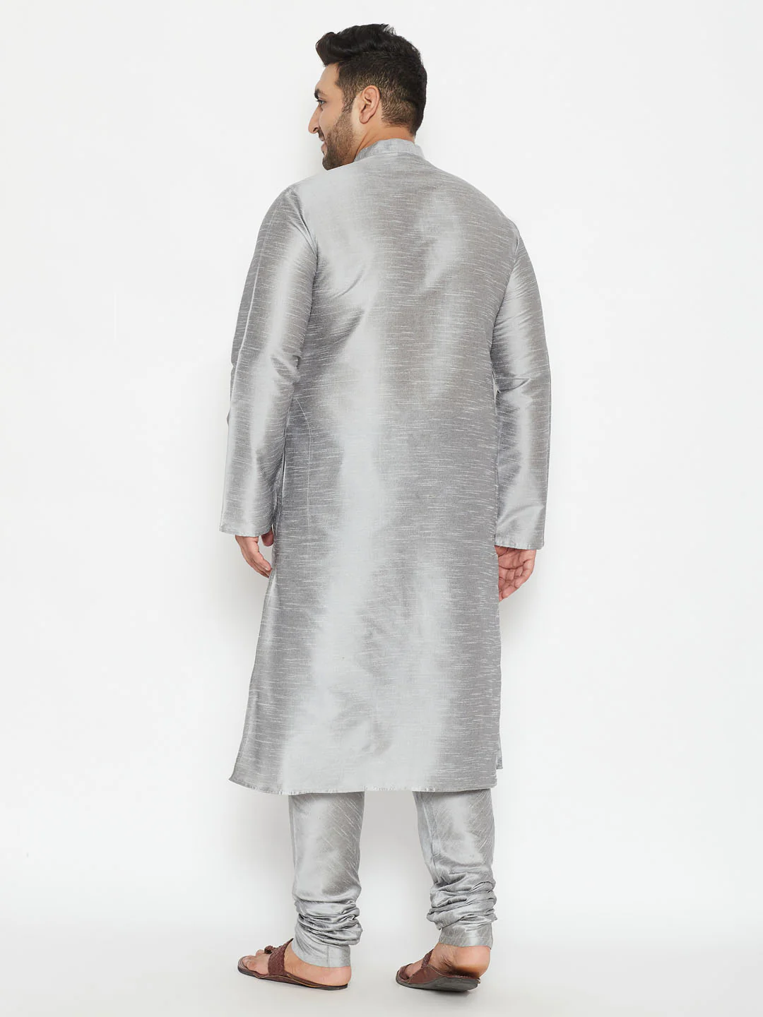 Men's Plus Size Grey Silk Blend Kurta Pyjama Set - Image 3