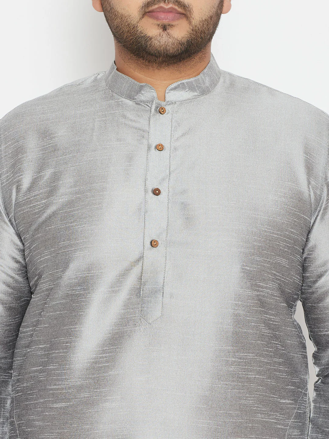 Men's Plus Size Grey Silk Blend Kurta Pyjama Set - Image 4