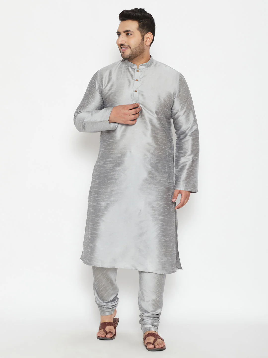 Men's Plus Size Grey Silk Blend Kurta Pyjama Set - Image 6