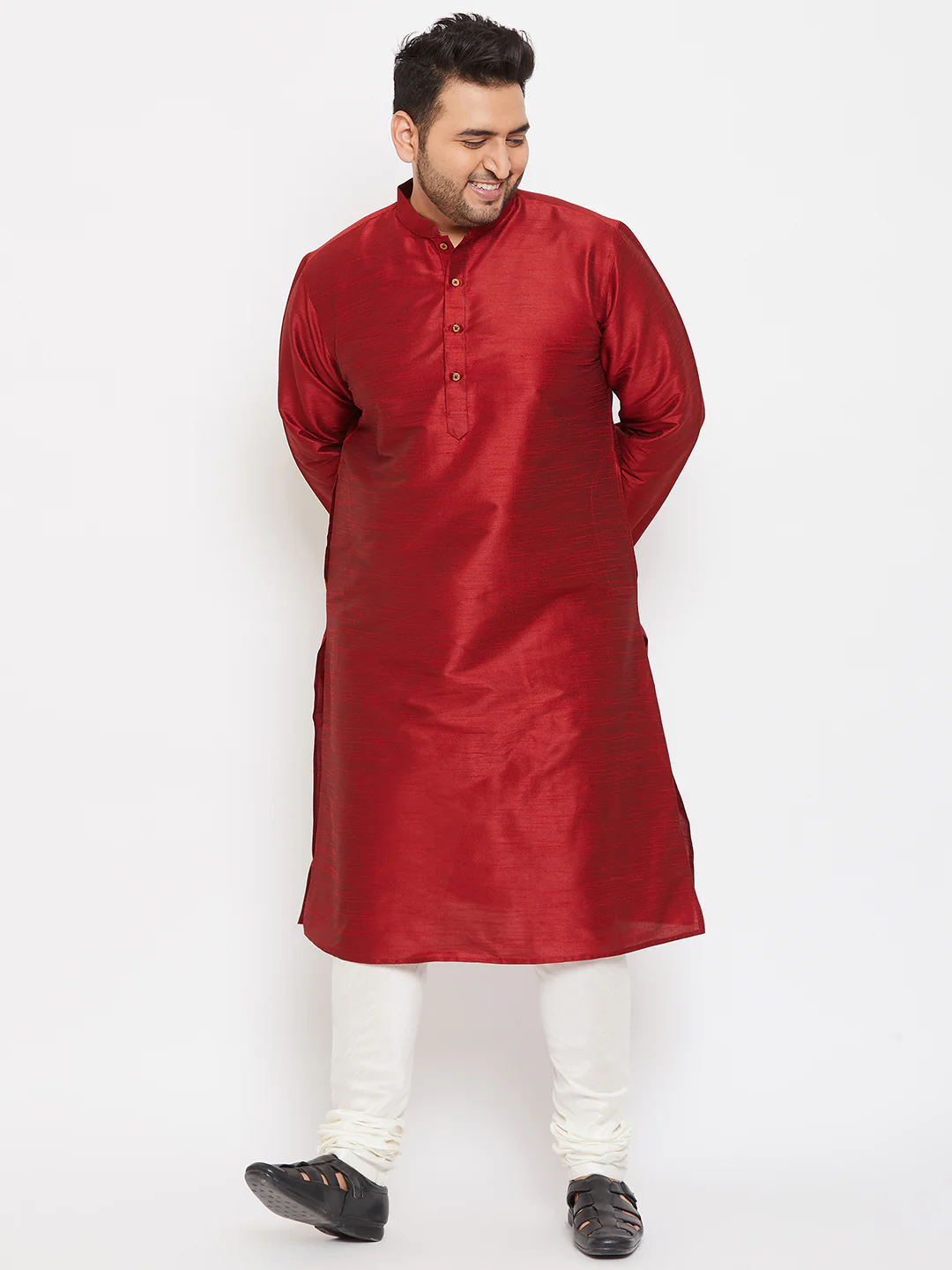 Men's Plus Size Maroon Silk Blend Kurta Pyjama Set - Image 6
