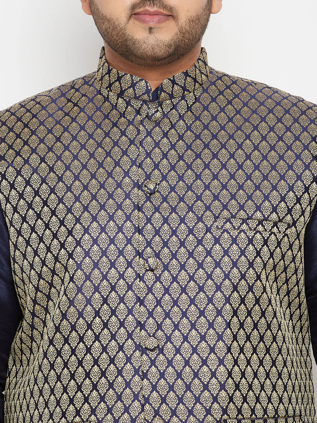 Men's Plus Size Navy Blue Woven Silk Blend Jacket Kurta Pyjama Set - Image 4