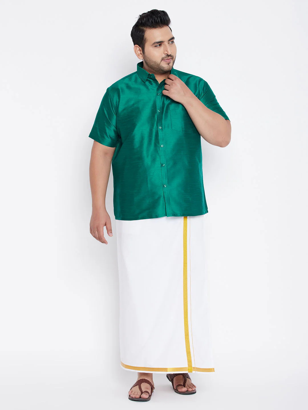 Men's Plus Size Green Silk Blend Ethnic Shirt - Image 5