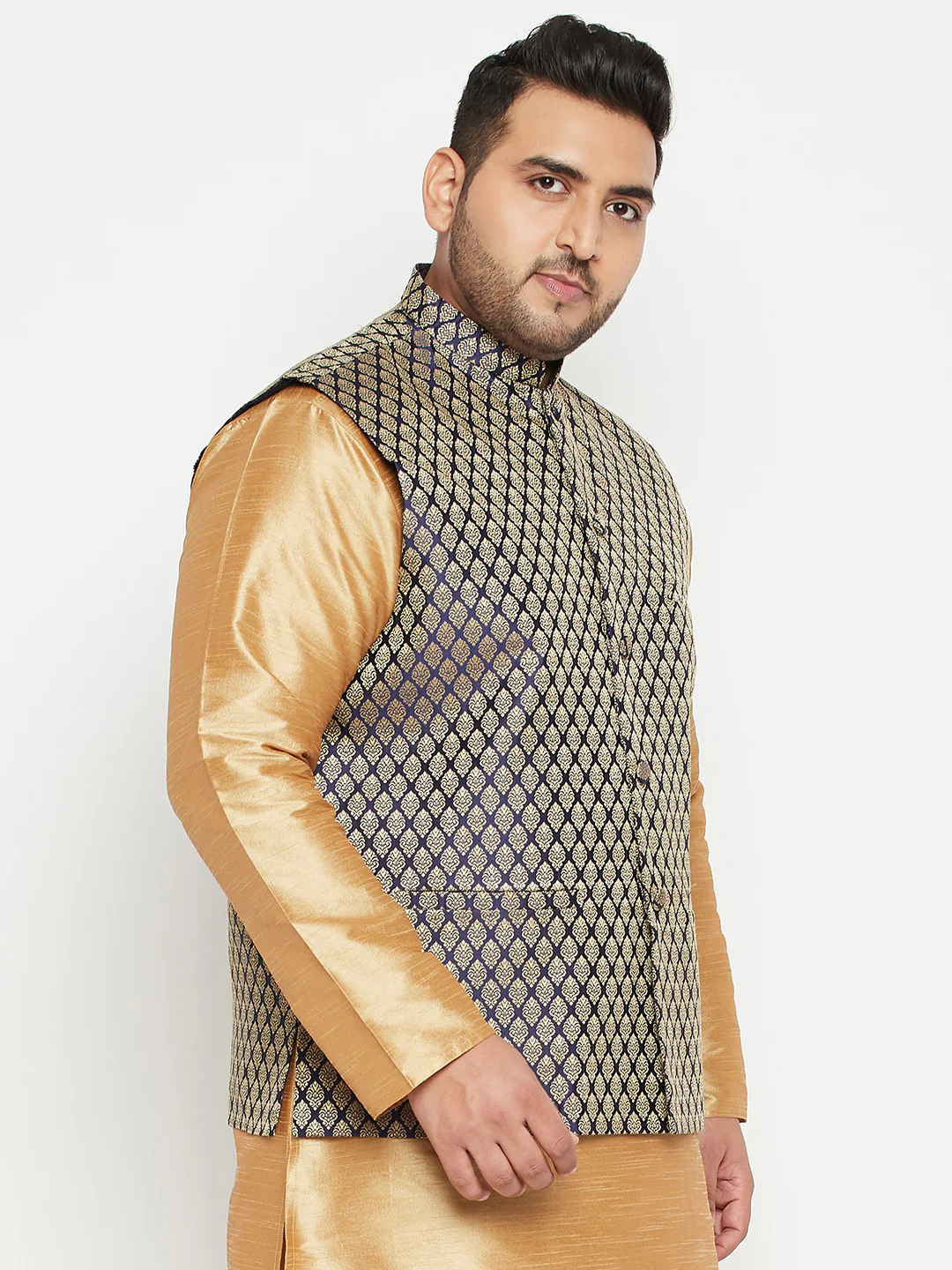 Men's Plus Size Blue Woven Nehru Jacket - Image 2