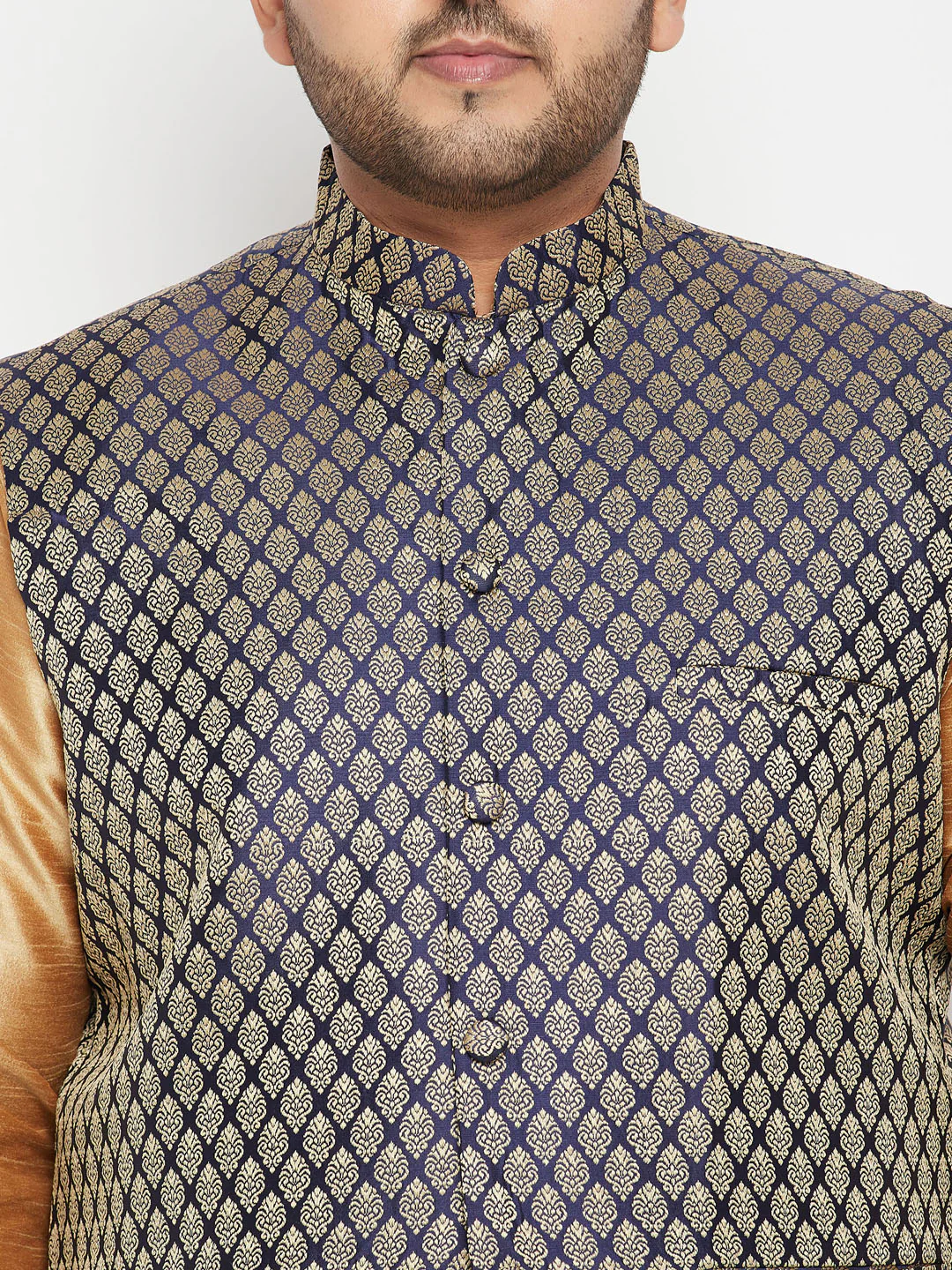 Men's Plus Size Blue Woven Nehru Jacket - Image 4