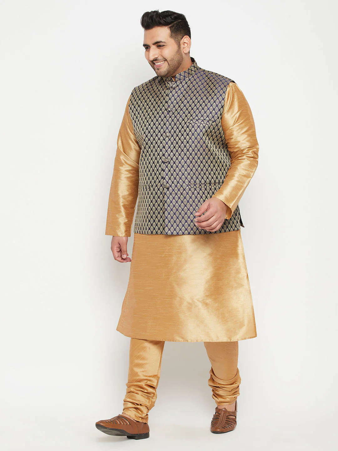 Men's Plus Size Blue Woven Nehru Jacket - Image 5