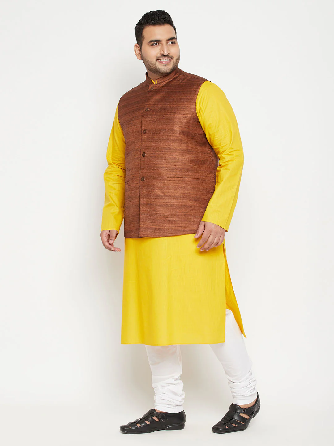 Men's Plus Size Mustard And Coffee Brown Cotton Blend Jacket Kurta Pyjama Set - Image 2