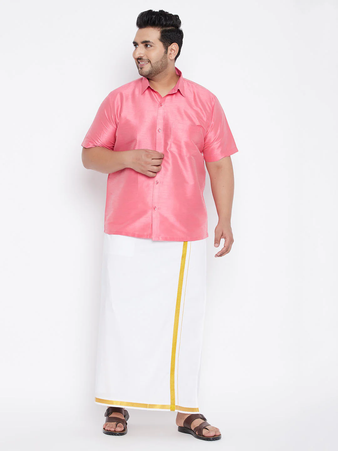 Men's Plus Size Pink Silk Blend Ethnic Shirt - Image 5