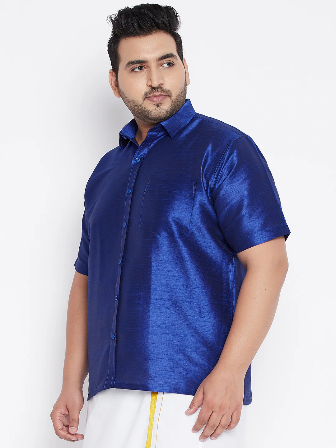 Men's Plus Size Blue Silk Blend Ethnic Shirt - Image 2