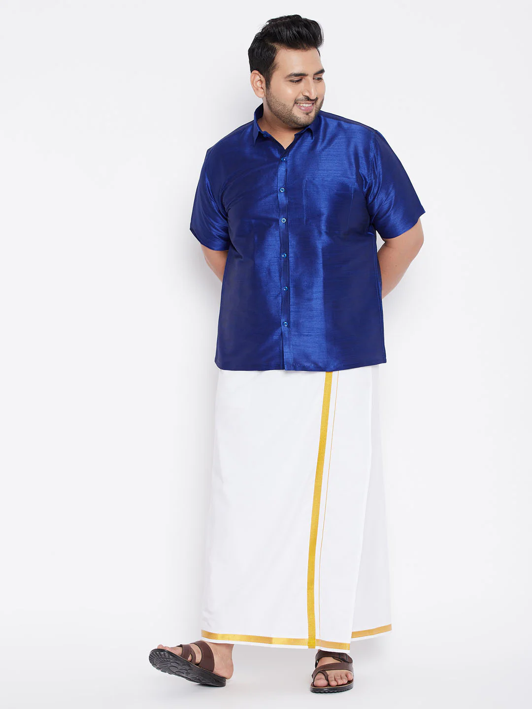 Men's Plus Size Blue Silk Blend Ethnic Shirt - Image 5