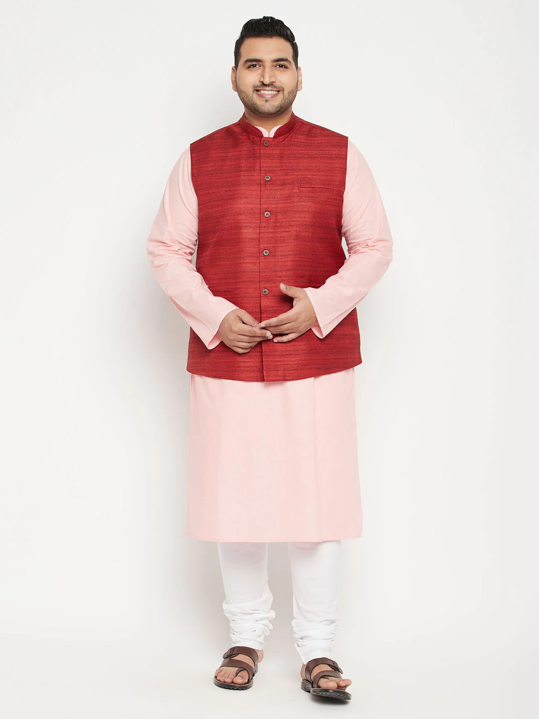 Men's Plus Size Pink And Maroon Cotton Blend Jacket Kurta Pyjama Set - Image 6