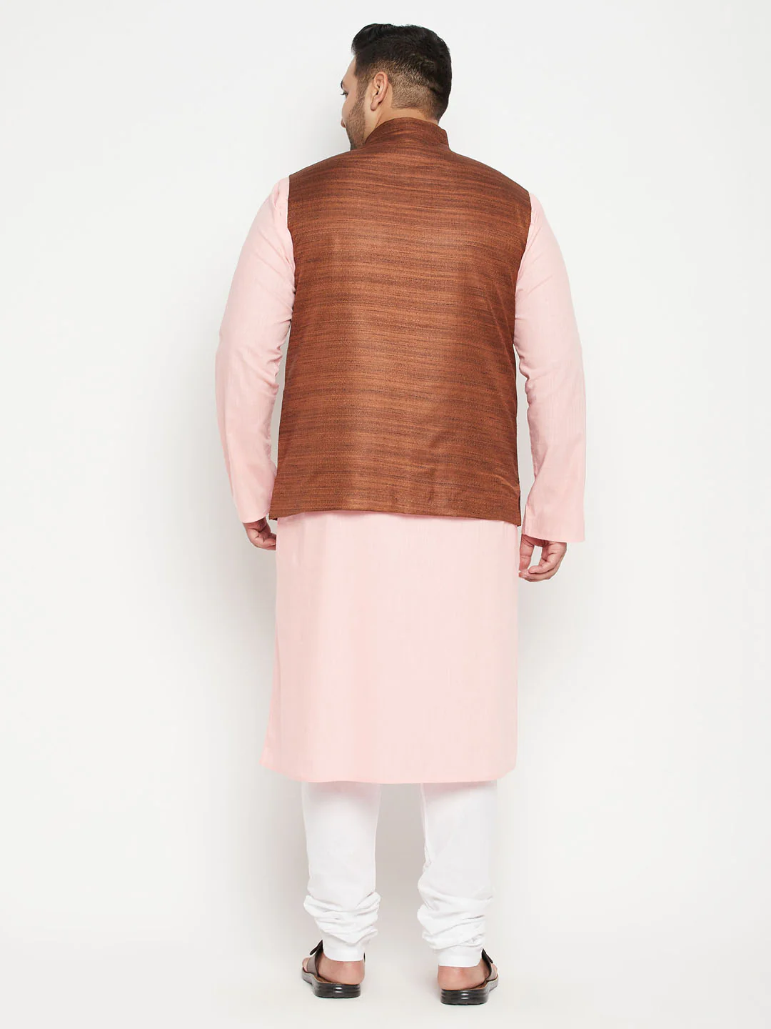 Men's Plus Size Pink And Coffee Brown Cotton Blend Jacket Kurta Pyjama Set - Image 3