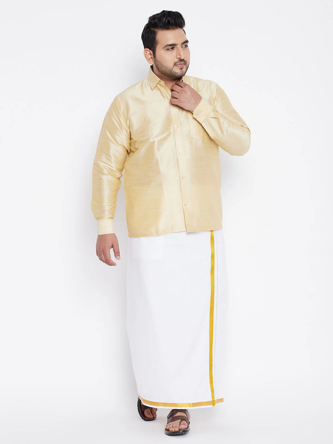 Men's Plus Size Golden Silk Blend Ethnic Shirt - Image 5