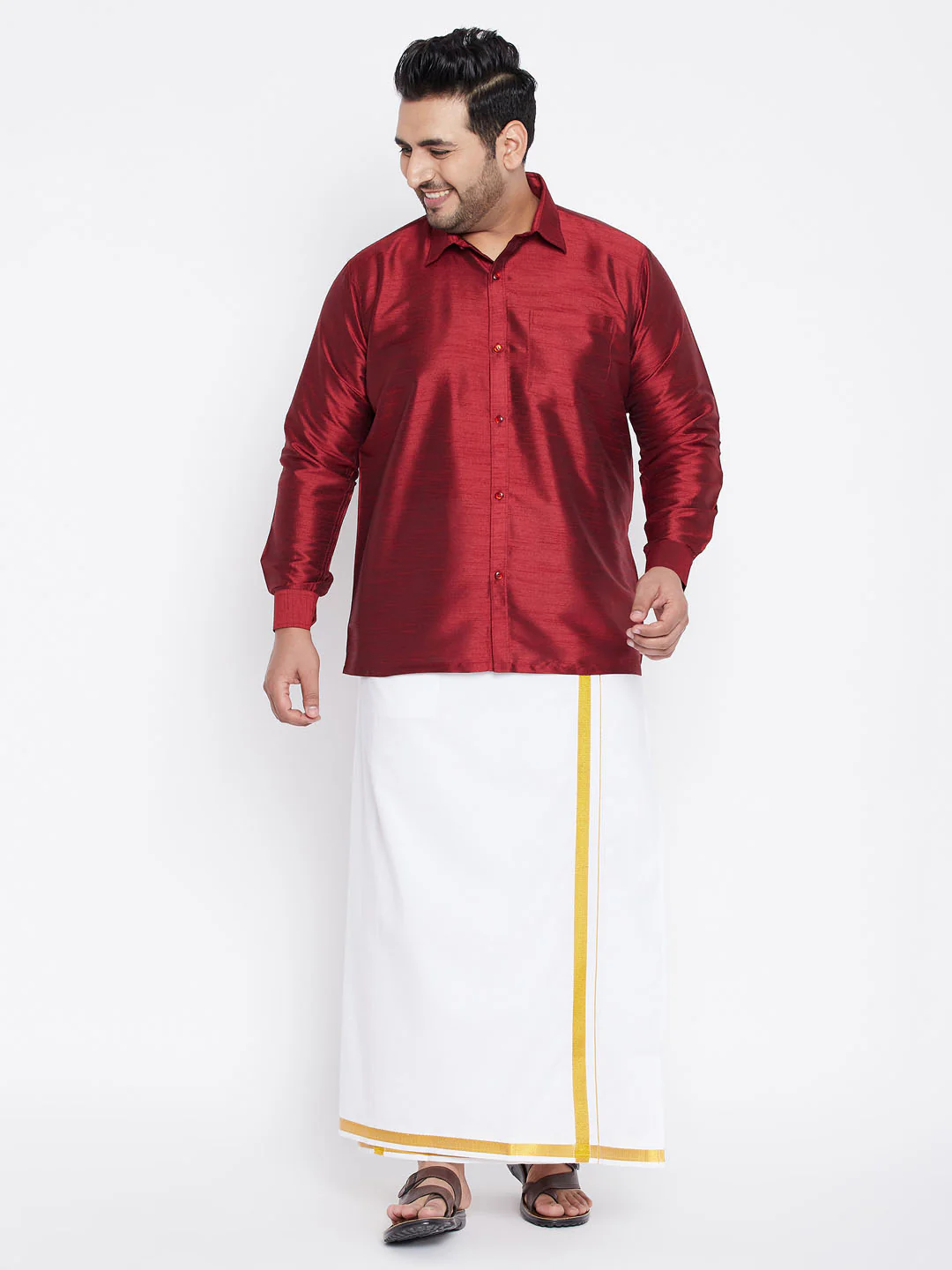 Men's Plus Size Maroon Silk Blend Ethnic Shirt - Image 5