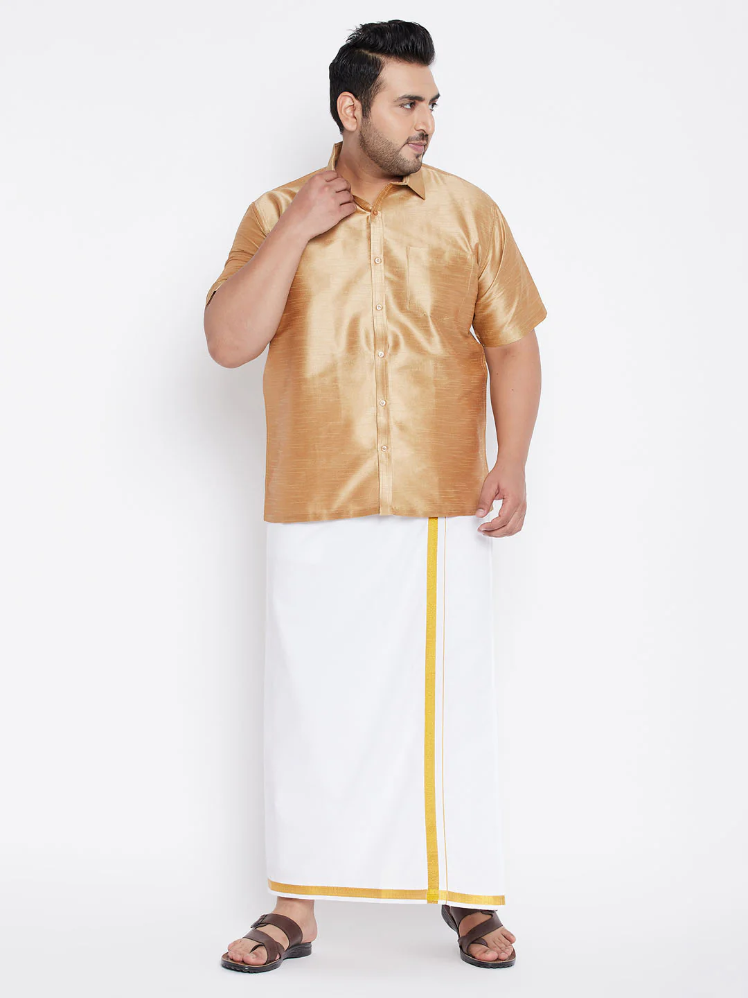 Men's Plus Size Rose Gold Silk Blend Ethnic Shirt - Image 5