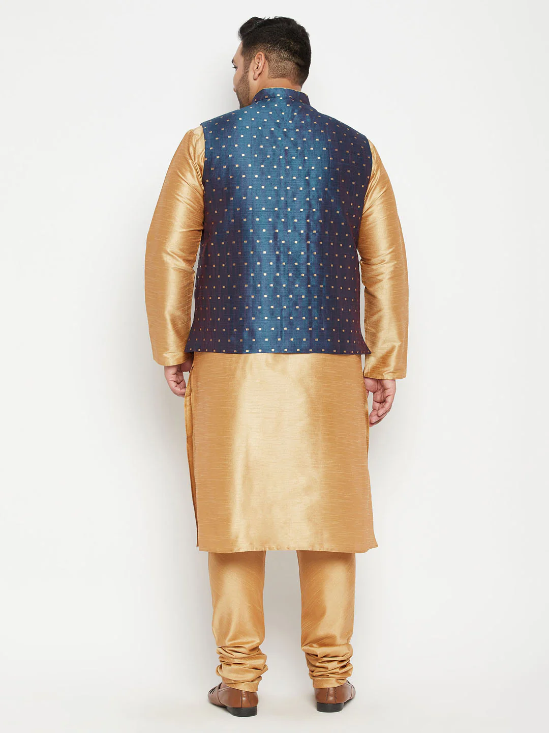 Men's Plus Size Blue Zari Weaved Nehru Jacket With Kurta Pyjama Set - Image 3