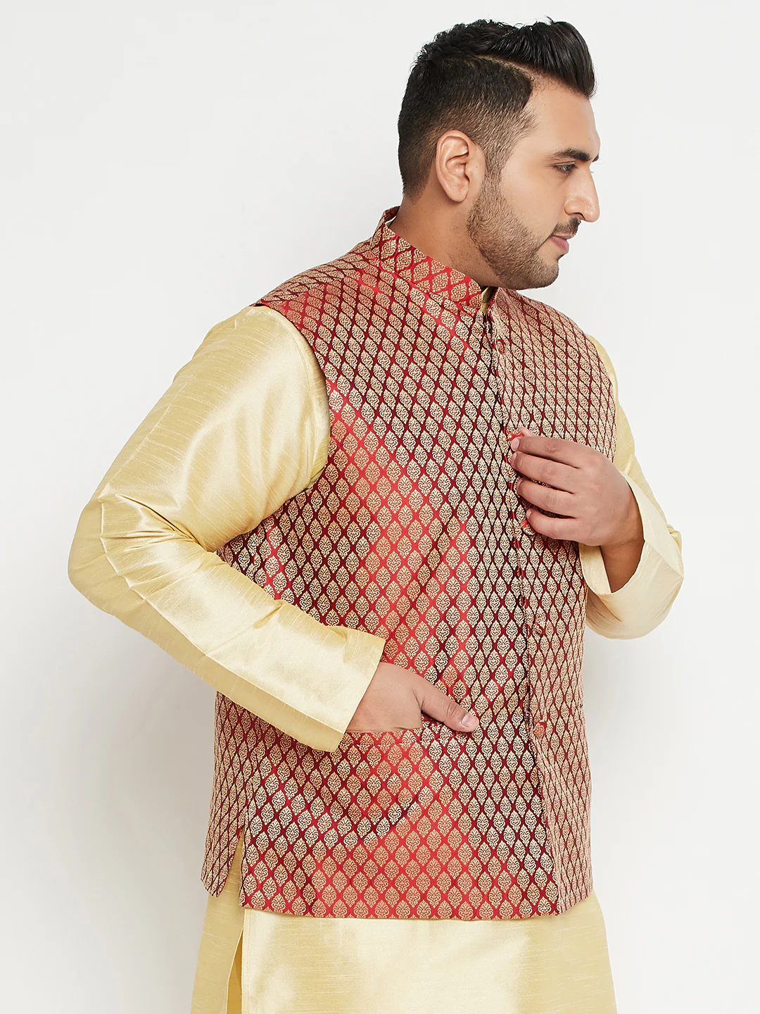 Men's Plus Size Maroon Woven Nehru Jacket - Image 2